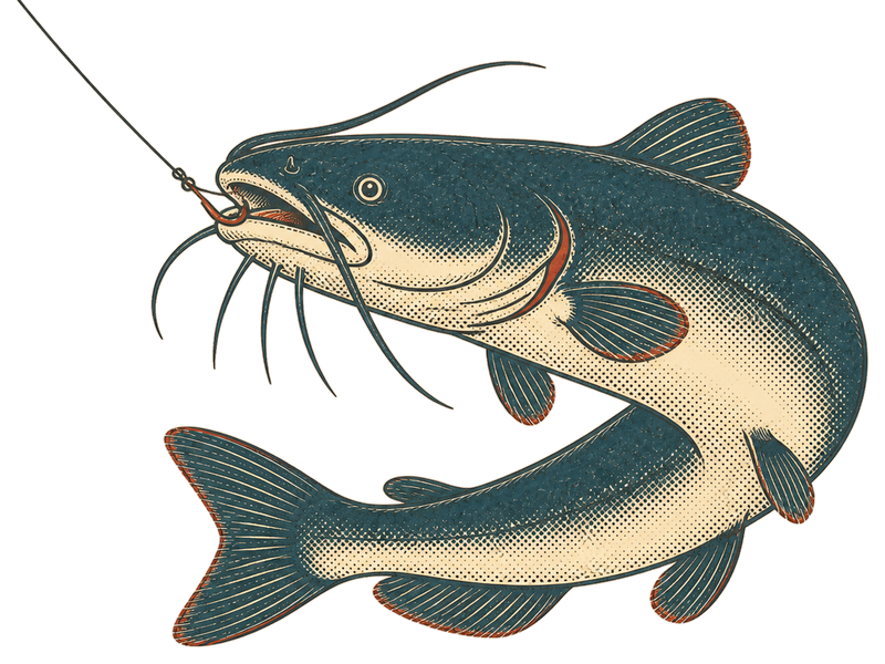 Vintage hooked catfish illustration for the tournament tee back print